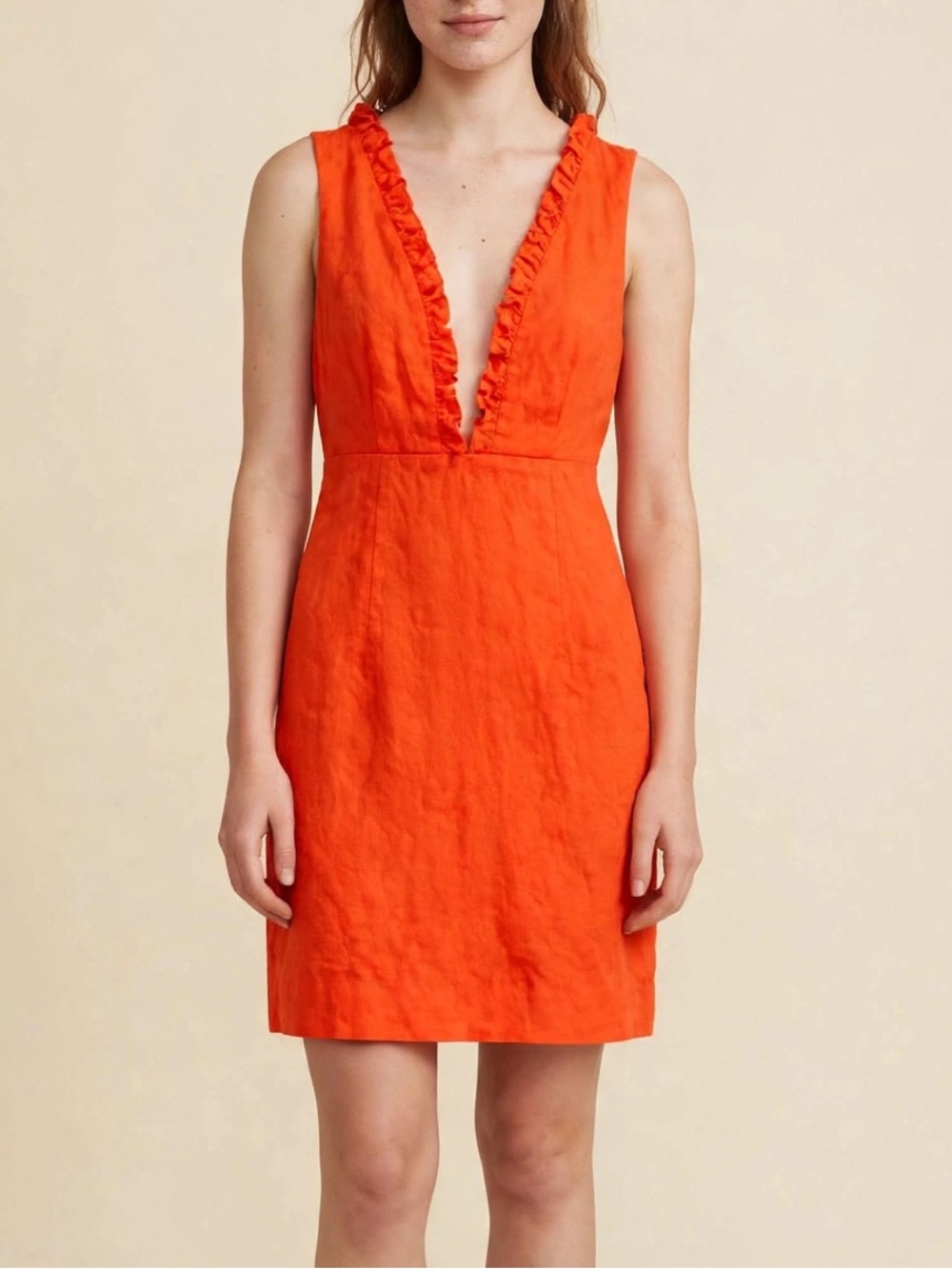 Sleeveless Ruffle-Trim V-Neck Orange Linen Dress Pit 16” Length 31” SIZE SMALL